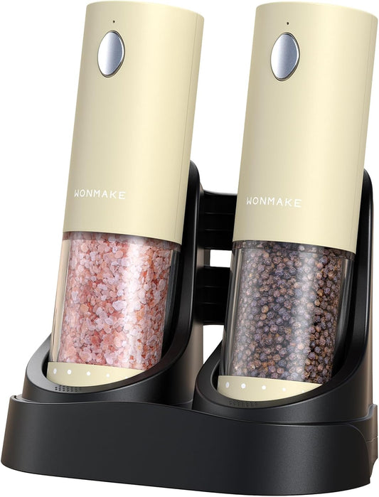 Electric Salt and Pepper Grinder Set - Automatic Refillable Salt and Pepper Grinders with Charging Base & LED Light, 6-Level Adjustable Coarseness with External Dial, Ideal Kitchen Gadget，Beige
