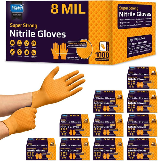 Inspire HEAVY DUTY ORIGINAL Stretch Nitrile Black Gloves Disposable Latex Free | Food, Mechanic, 6mil Black or 8 Mil Orange