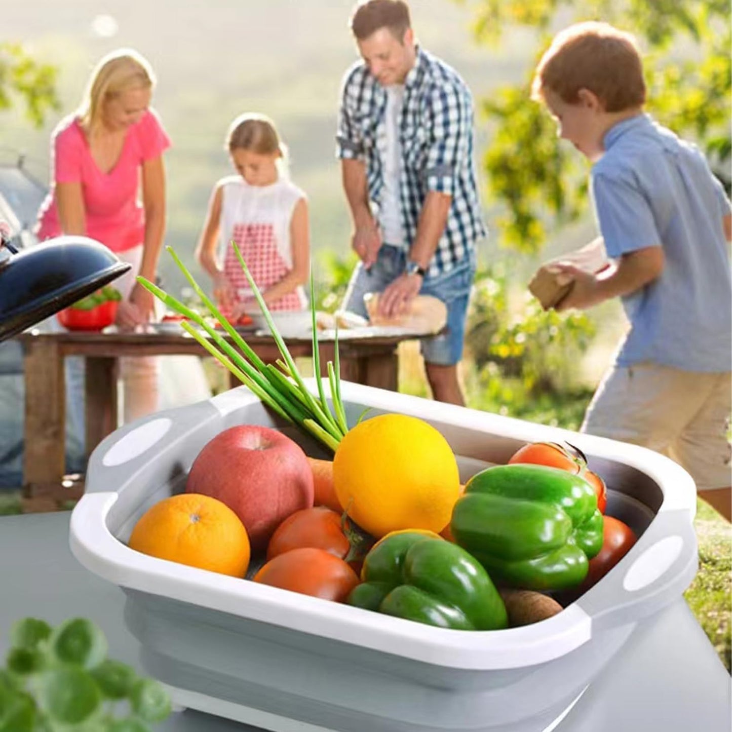 Camping Collapsible Cutting Board Dish Basin BBQ Prep Tub Camp Sink Dish Washing Station Multifunctional Storage Basket(Grey white)
