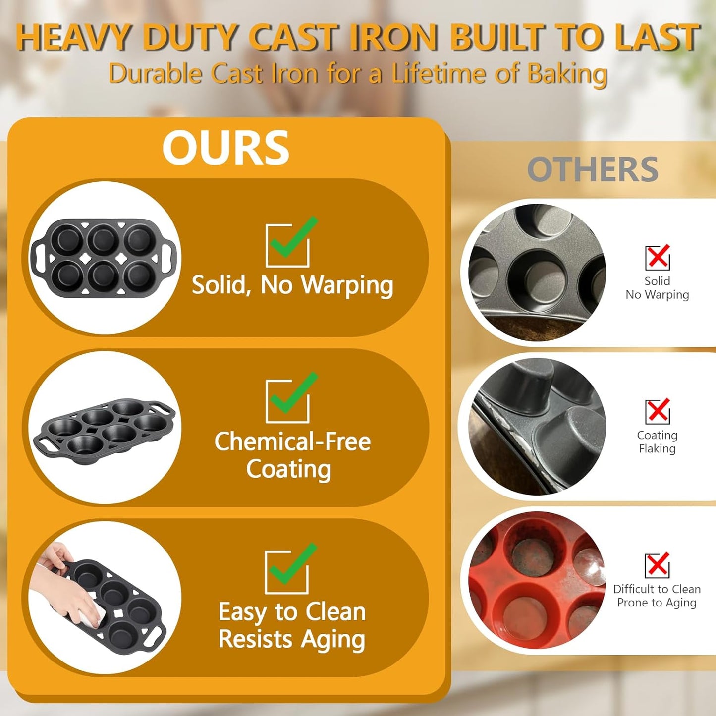 6 Cup Cast Iron Muffin Pan - Pre-Seasoned Nonstick Muffin Tin, Regular Size Cupcake Baking Pan