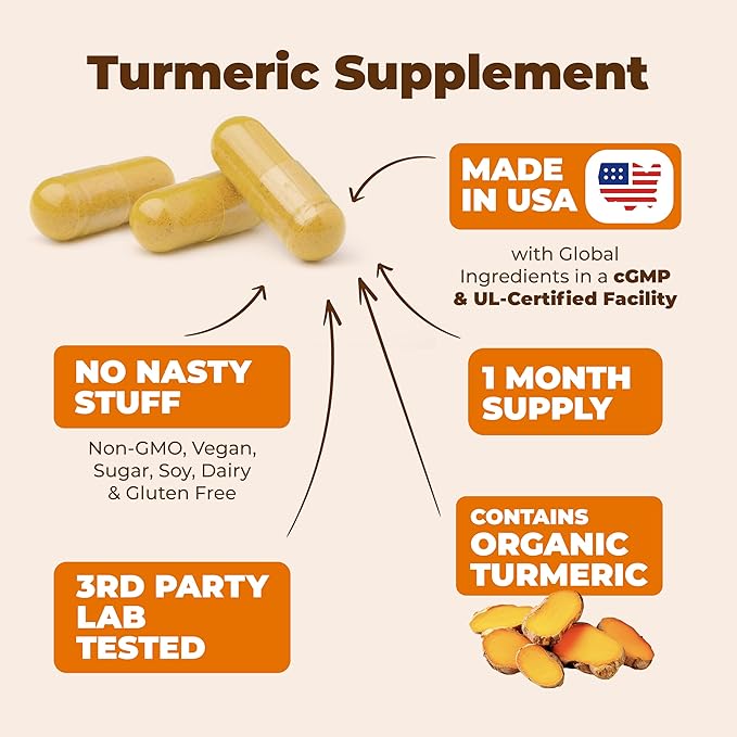Turmeric Supplement with 65% Boswellia Extract Capsules - Turmeric Curcumin Supplement 95% Curcuminoids - Boswellia Serrata, Black Pepper, Organic Turmeric & Ginger root capsules - Tumeric Caps 2-Pack