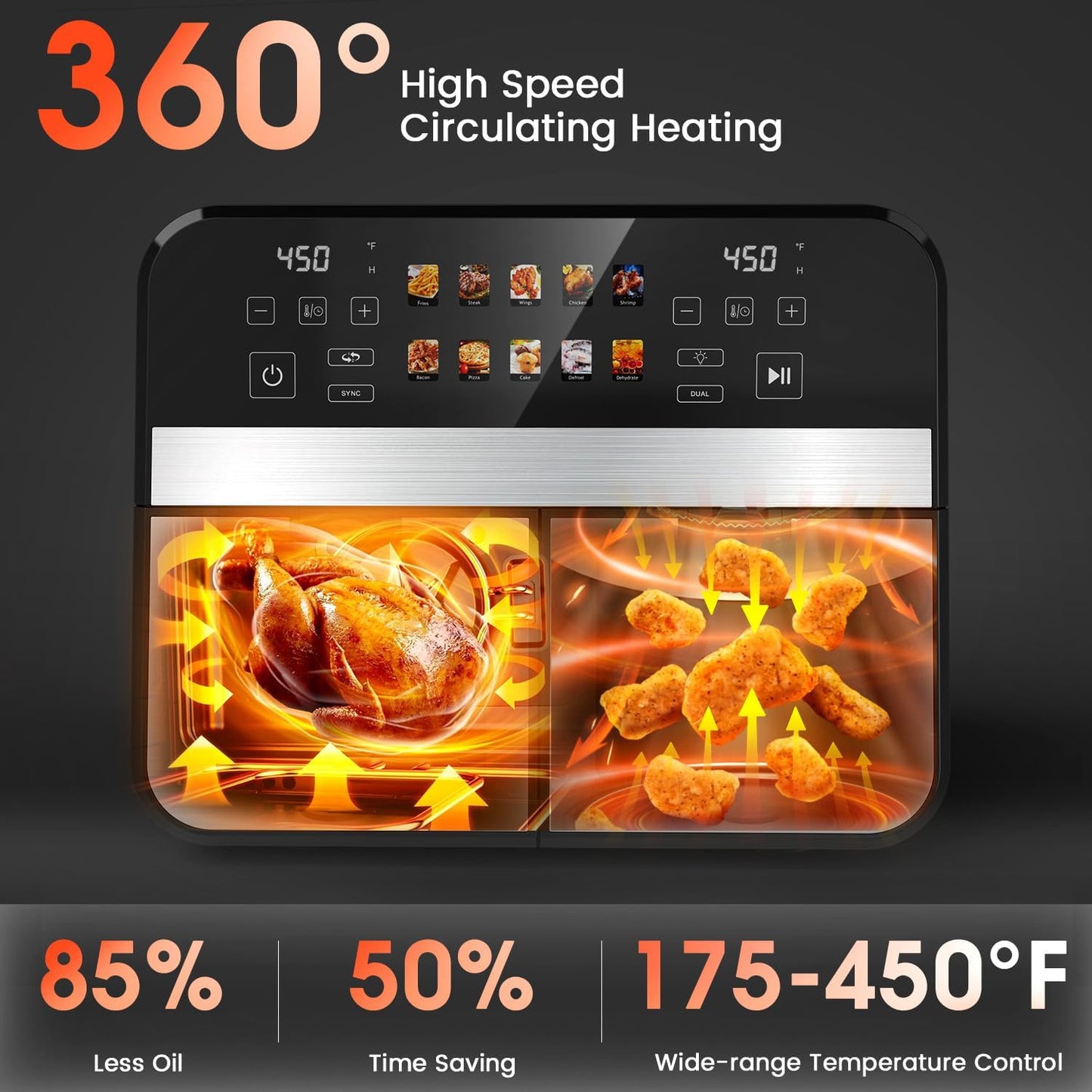 10QT Dual Basket Air Fryer, 12-in-1 Digital Air Fryer Oven with Visible Windows, 5QT x 2 Drawers, One-Touch LED Panel, Sync Finish, Dehydrate, Defrost, Roast, Bake, Reheat, Nonstick & Dishwasher Safe