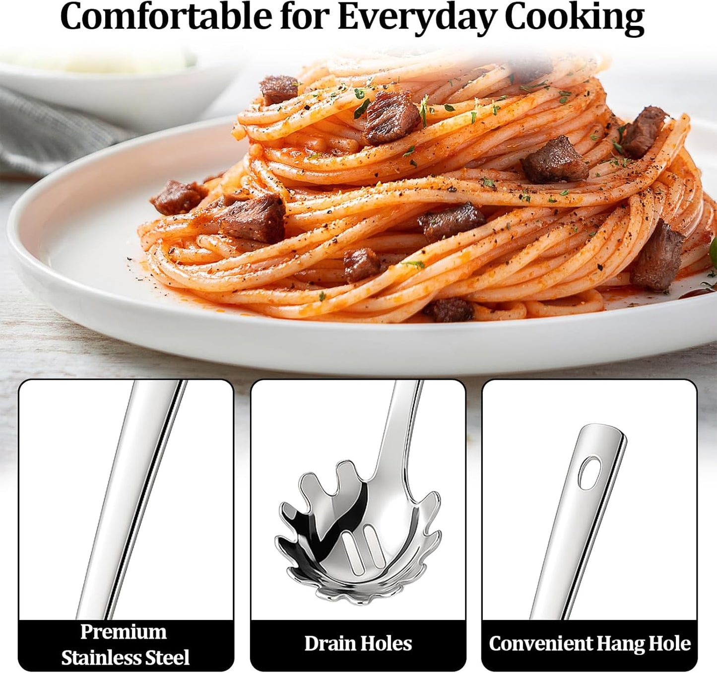 Stainless Steel Pasta Spoon with Teeth Pasta Server & Spaghetti Spoon with Drain Holes for Noodles, Pasta, Cooking & Serving (Silver)