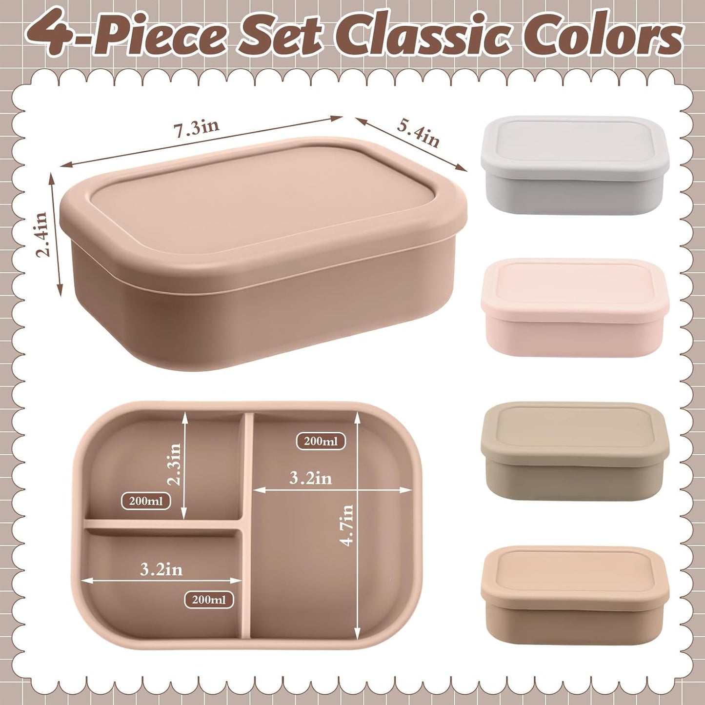 Honeydak 4 Pcs Silicone Bento Lunch Box 3 Compartment Reusable Leakproof Silicone Bento Lunch Container for Adults Microwave Dishwasher Freezer Safe(Bohemian Color)