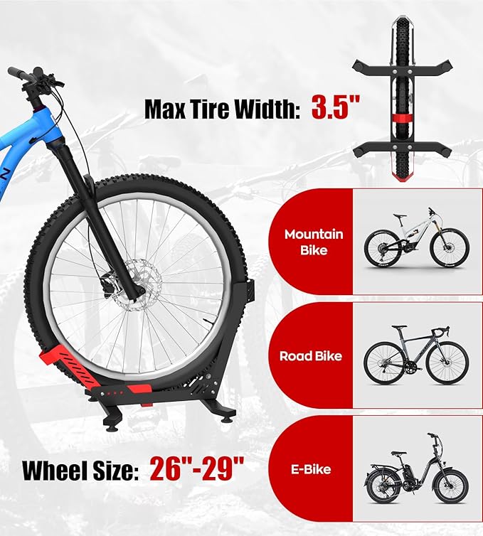 Bike Floor Stand, Portable Bike Storage for Garage - up to 3.5" Tire Wide, MTB & Road Bicycle Floor Stand, Front and Rear Wheel Parking Rack Fit for 26"-29" Bikes