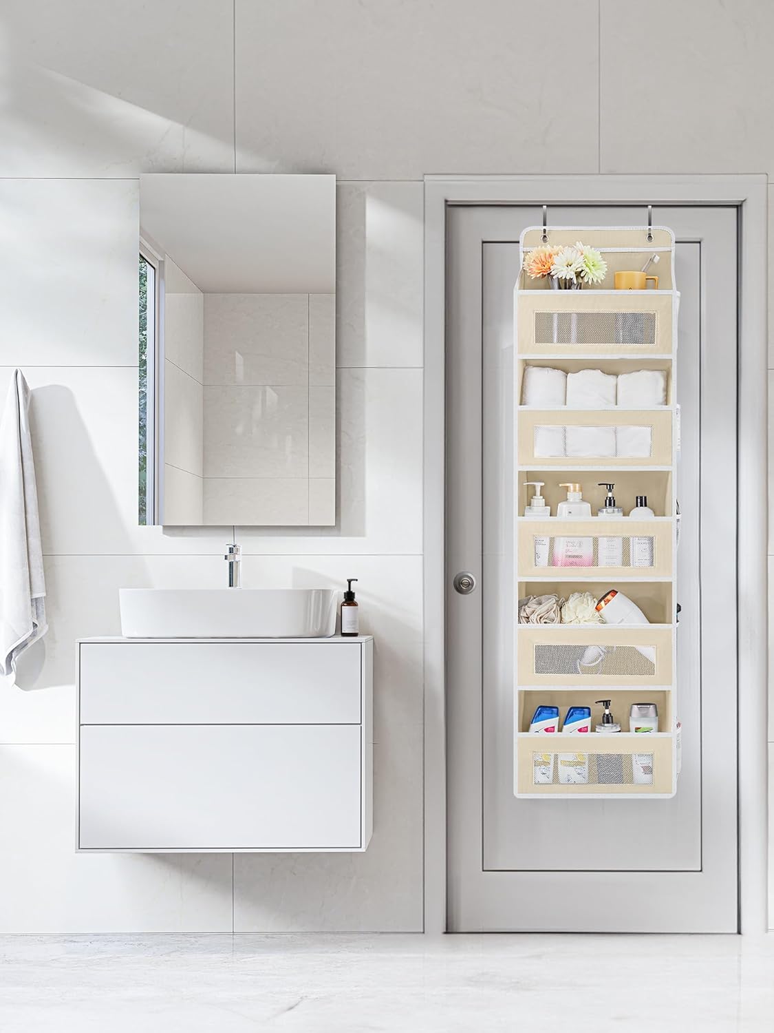 JARLINK Over The Door Organizer Storage, 5 Shelf Hanging Door Organizer with 5 Large Capacity Pockets, Anti Tilt 44 lb Load Behind Door Storage for Bedroom, Bathroom, Pantry, Nursery, (Beige)