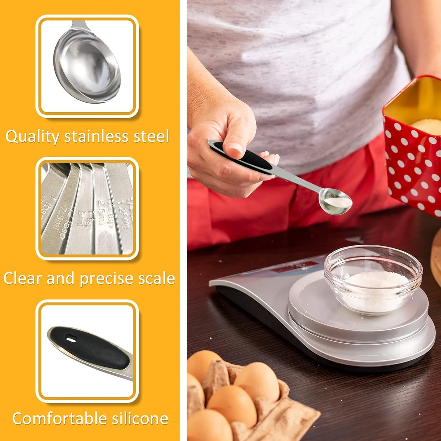 2PCS 1/2 Tsp(1/6tbsp, 2.5ml) Single Measuring Spoon with Black Silicone Grip, Stainless Steel Individual Measure Scoop Only