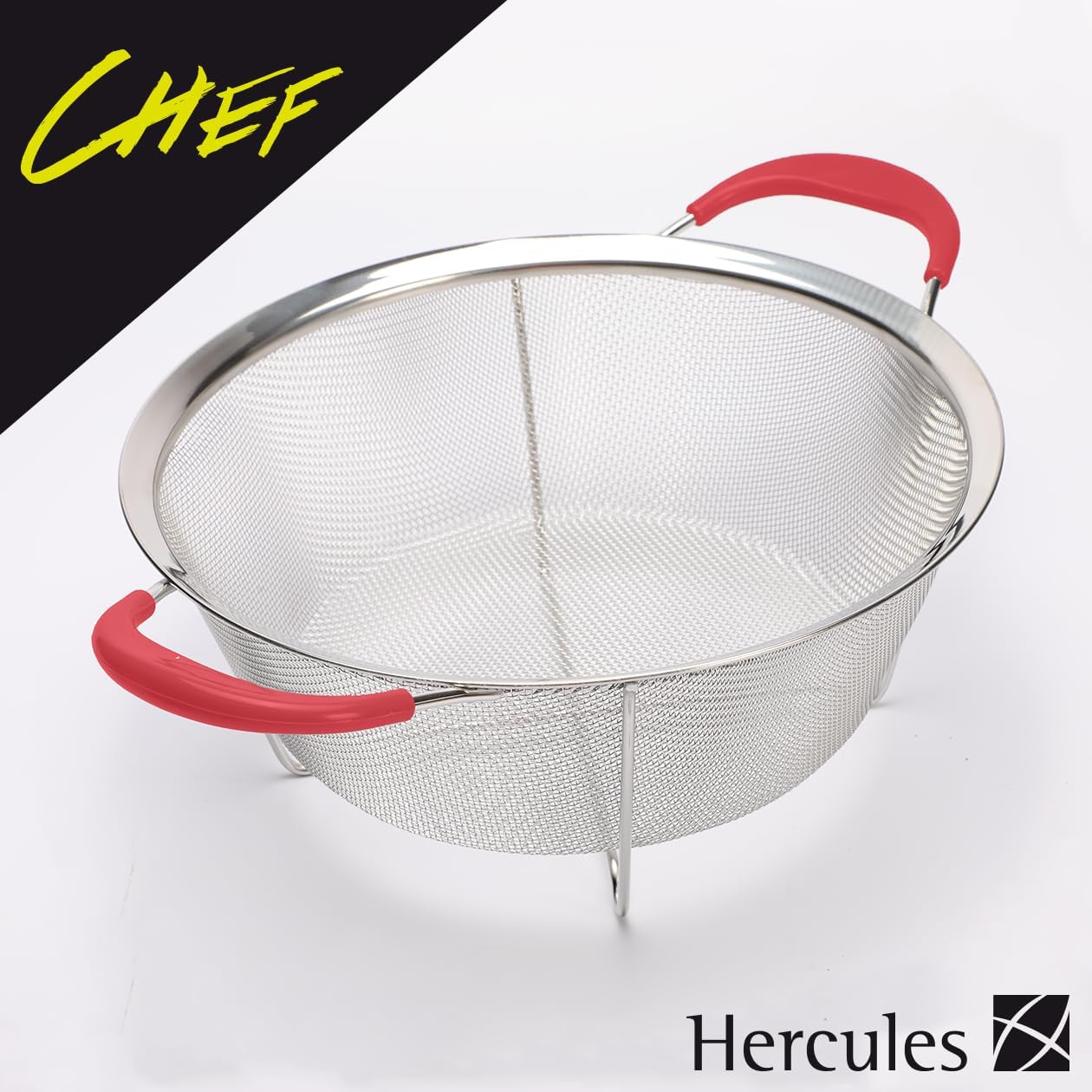 Hercules Chef by Mundial Stainless Steel Colander Strainer with Red Silicone Handles - 9.8"