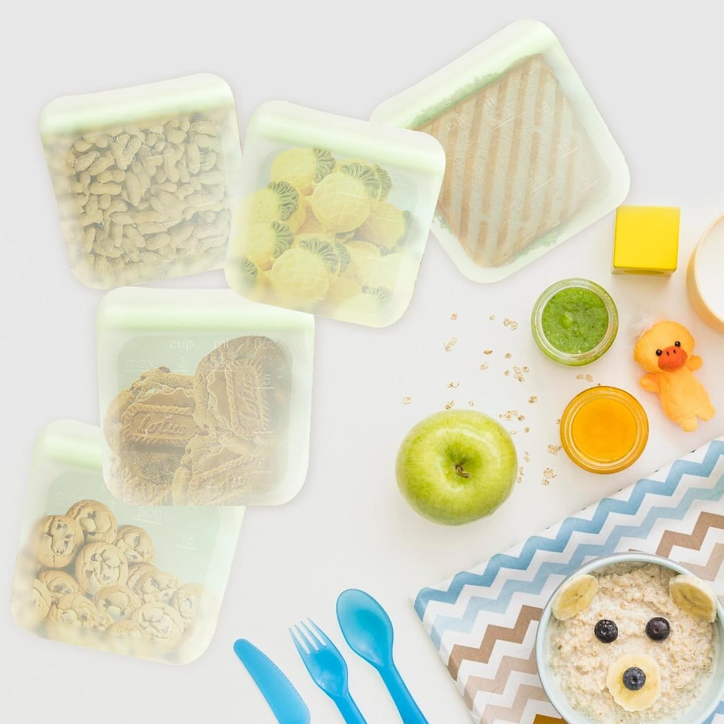 purifyou Set of 5 Reusable Silicone Storage Snack Bags 6oz / 16oz / 32oz / 64oz Self-Seal Food Storage Container for Fruits, Vegetables, Sandwiches, Dishwasher Safe & Leak-free (LimeCream, 16oz)