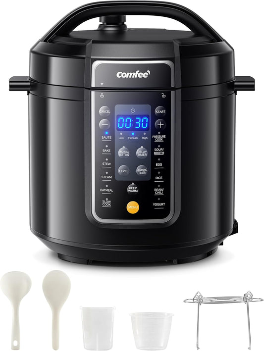 COMFEE’ 9-in-1 Electric Pressure Cooker 13 Presets Instant Multi Cooker Olla de Presion Slow Cooker Rice Cooker Steamer Sauté Yogurt Maker Non-Stick Pot 6 Quart Black, Aluminum