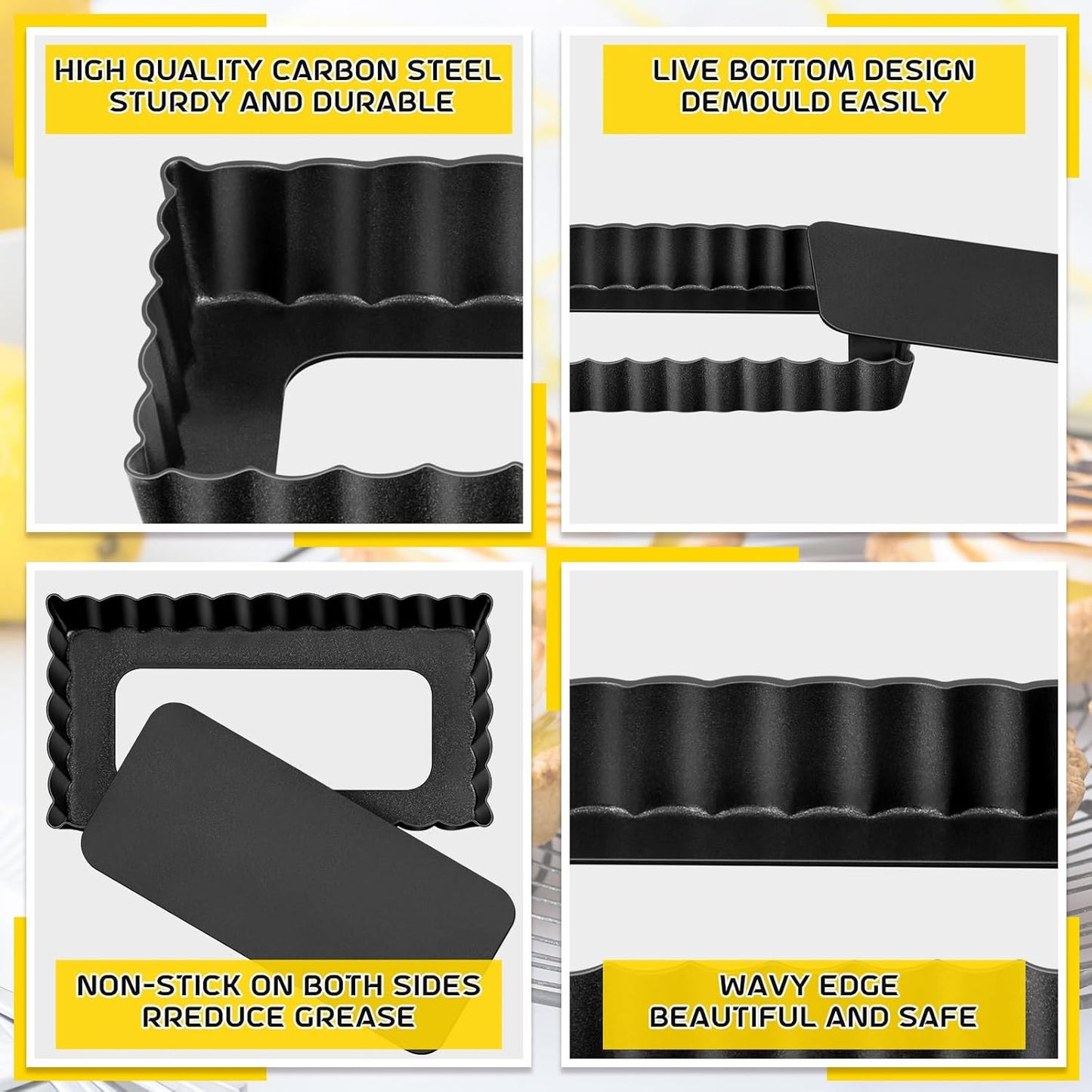 Tessco 16 Pieces Mini Tart Pans with Removable Bottom Nonstick Quiche Mini Pie Tart Pans Bakeware Mold Fluted Side for Pies(Black Rectangle,4.33 x 2.36 x 0.79 Inch)