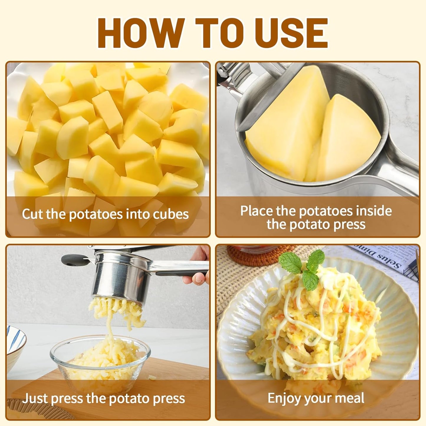 Potato Ricer 3 Interchangeable Discs Stainless Steel Potato Shredder for Smooth and Fluffy Mashed Potatoes, Puree, Fruit Juice, Baby Food (Silver)