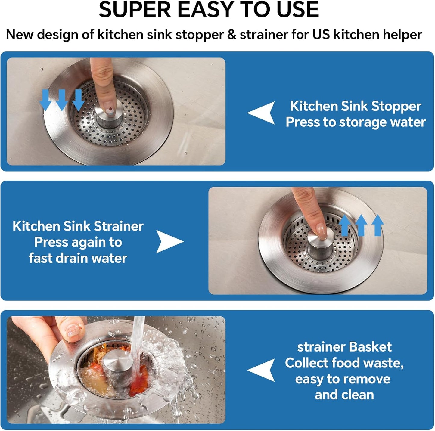 SELLO 3 in 1 Kitchen Sink Drain Strainer, 304 Stainless Steel Pop-Up Sink Stopper with Filter Basket, Anti-Clogging Sink Drain Strainer for 3-1/2''Drain Hole of US Standard Kitchen Drain