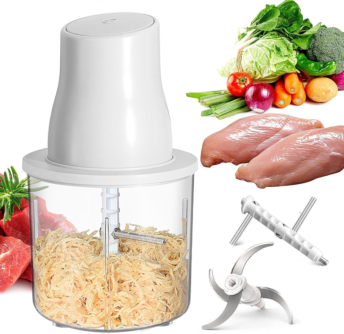 Electric Chicken Shredder, Automatic Food Chopper with Chicken Breast Shredder & Meat Grinder, 2 Sets of Blades for Chicken/Pork/fish/Vegetable/Baby Food (White)