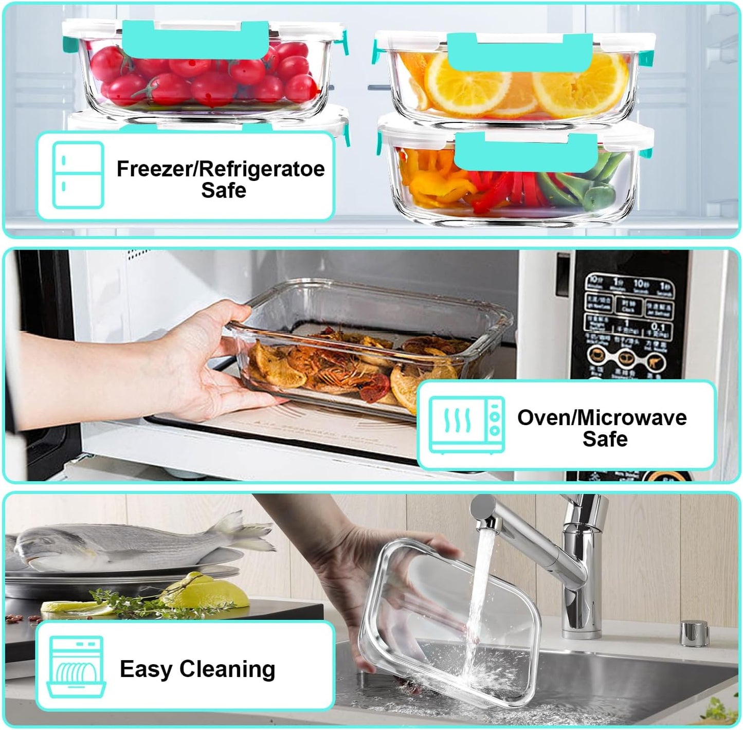 VERONES 5 Pack 36 OZ Glass Meal Prep Containers, Airtight Glass Lunch Containers Set, Glass Food Storage Containers with Lids,Exclusive of BPA, for Microwave, Oven, Freezer & Dishwasher Friendly,Green