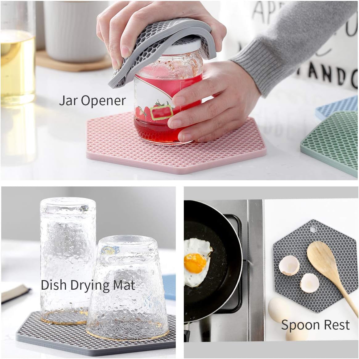 4 Packed Silicone Trivet Mats - DIY Different Size Dish Drying Mat, Hot Pot Holder for Pots & Pans, Non-Slip & Heat Resistant Kitchen Hot Pads for Countertops & Table, White