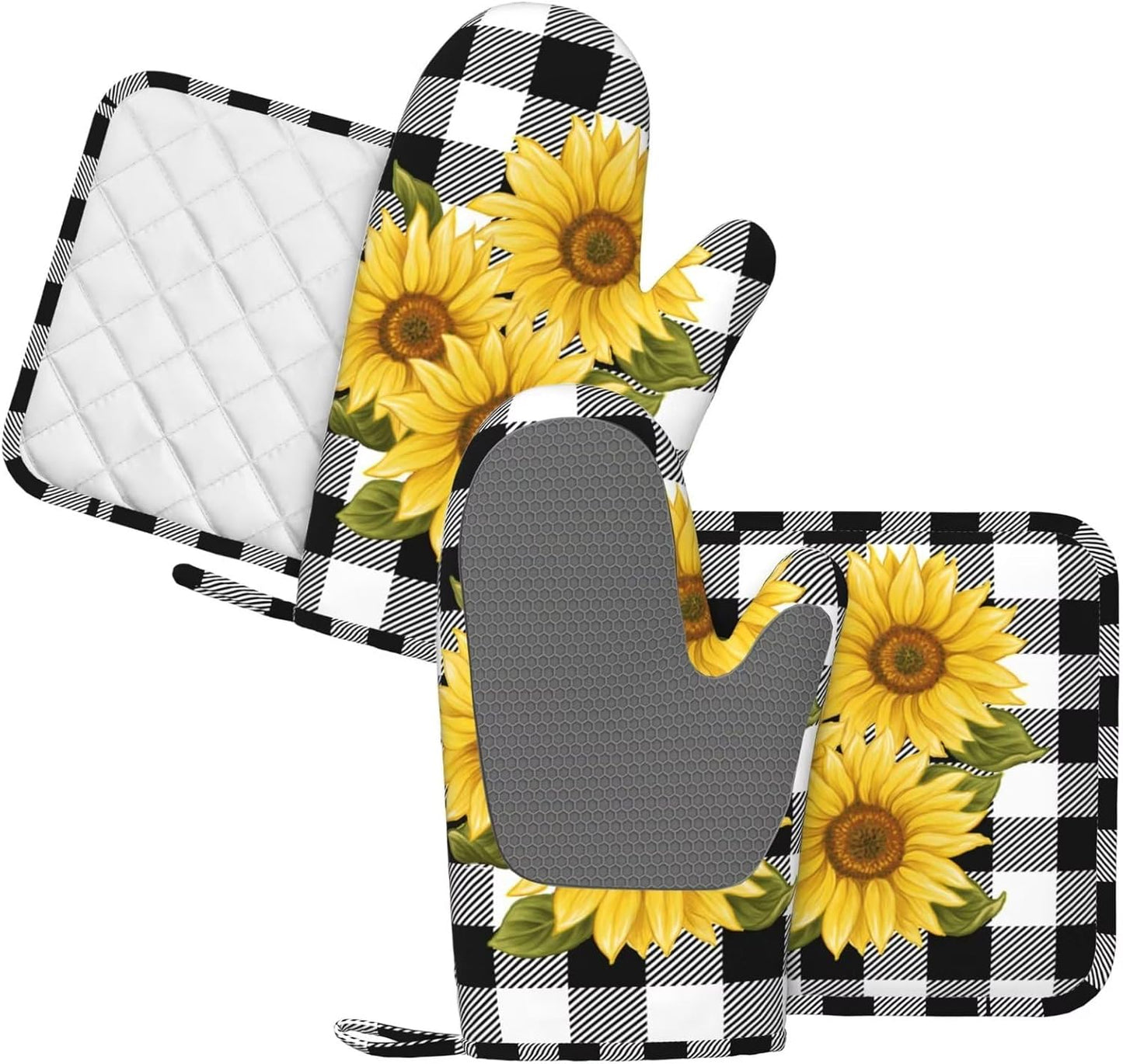 Sunflower Black White Buffalo Plaid Oven Mitts and Pot Holders Sets Silicone Yellow Floral Lumberjack Check Kitchen Mitts Potholders Heat Resistant 4Pcs Oven Gloves Hot Pads for Kitchen