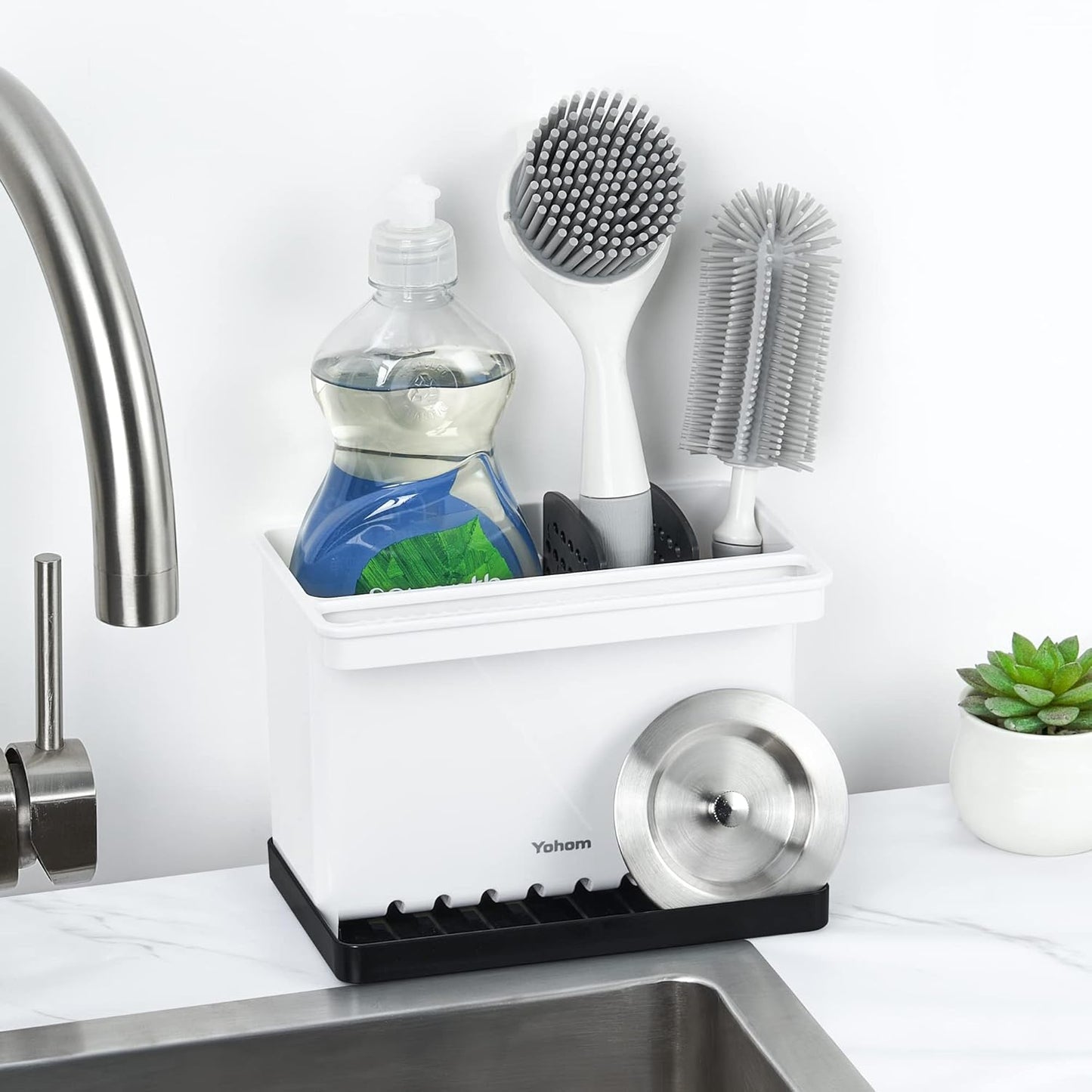 YOHOM Kitchen Sponge Brush Holder for Sink Black Dish Sponge Caddy Countertop Organizer Plastic Scrub Brush Holder with Dividers