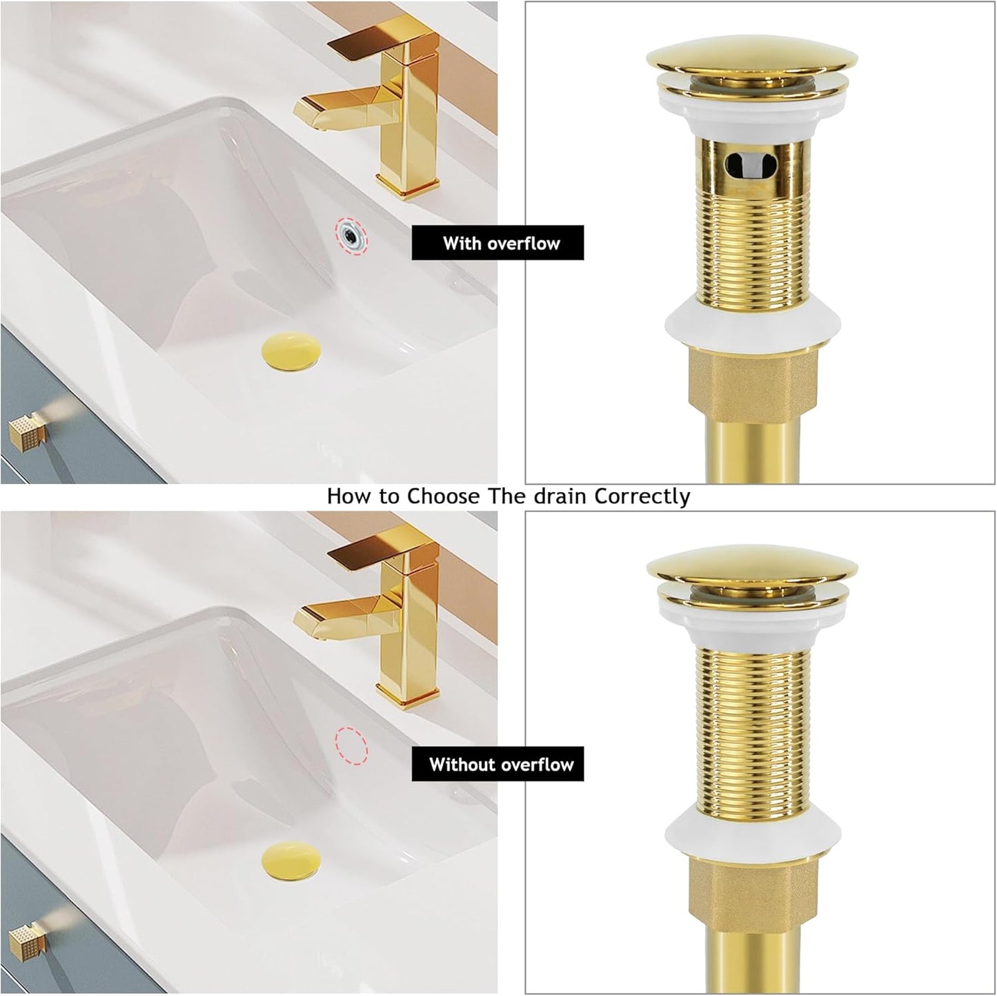 Bathroom Sink Drain, Gold Drain Stopper Bathroom Sink Without Overflow,Pop Up Drain Assembly Without Detachable Strainer Basket,Built-in Anti-Clogging Strainer,Stainless Steel Gold