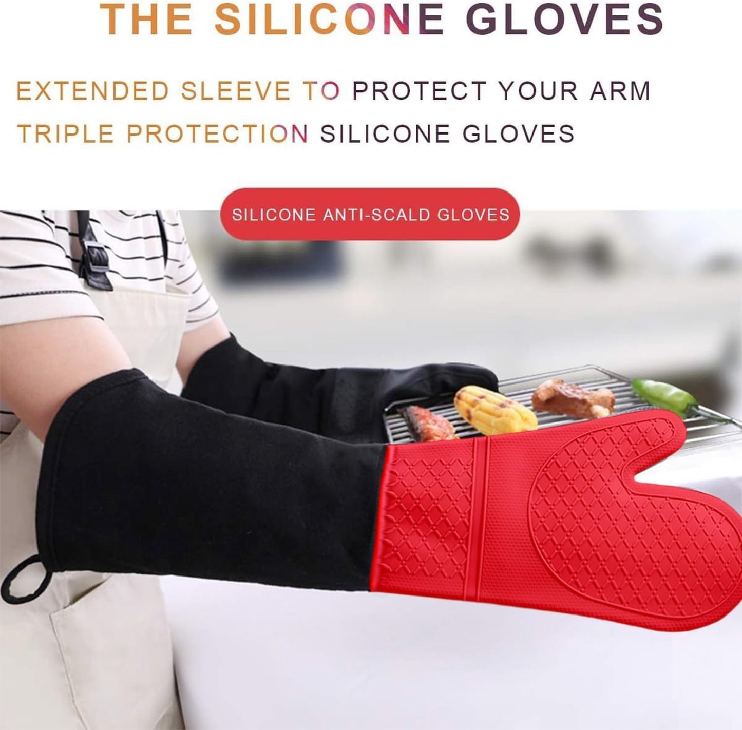 Extra Long Silicone Oven Mitts Heavy Duty Commercial Grade Oven Mitts Heat Resistant BBQ Gloves with Quilted Cotton Lining 2 Pack (Red)