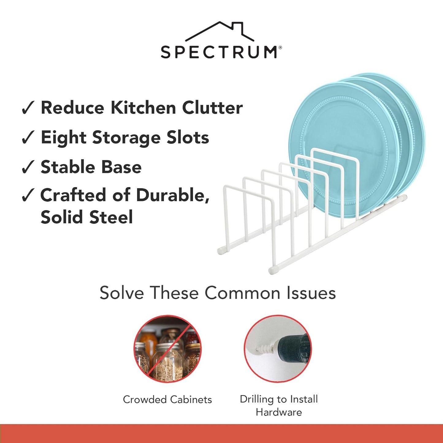 Spectrum Euro Cutting Board Holder Stand for Countertop or Inside Kitchen Cabinet Organization Matte White, 8 Slot Cutting Board Drying Rack or Cabinet Plate Bakeware Storage Organizer