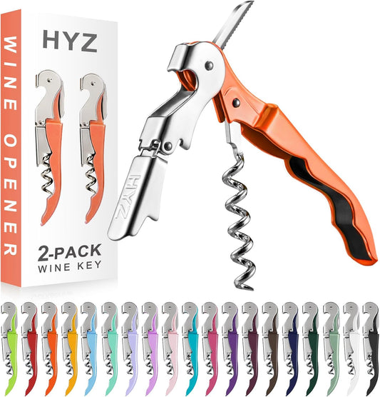 HYZ 2-Pack Wine Opener Waiter Corkscrew, Professional Wine Key for Servers, Bartender with Foil Cutter, Manual Wine Bottle Opener Double Hinged (Orange)