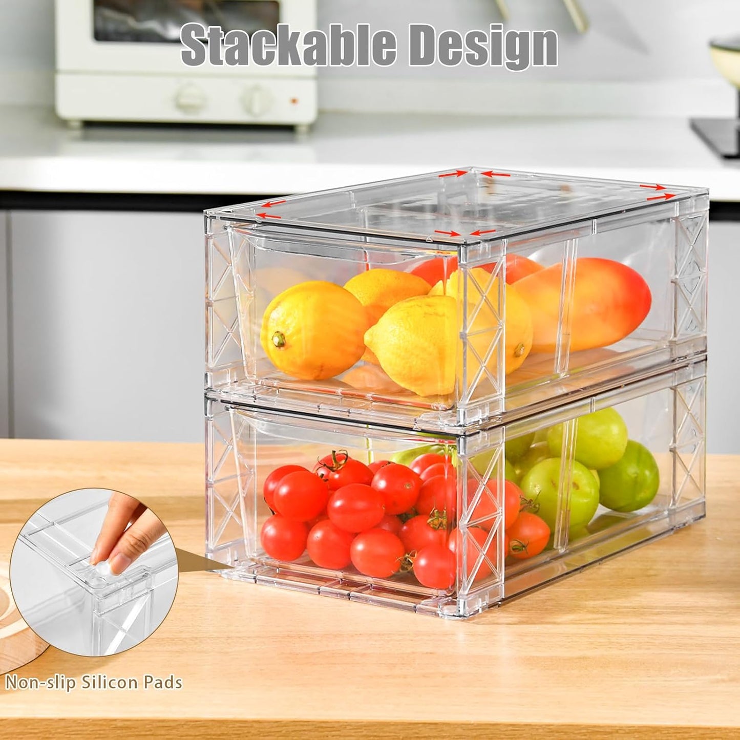 4Pack Clear Stackable Kitchen Storage Organizer,Pantry Organizers and Storage,Foods Organizer Bins with Handles, Easily Assemble for Bathroom, Kitchen, Refrigerator, Pantry, Cabinet, Closet