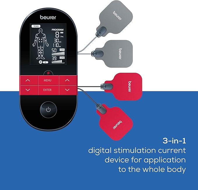 Beurer EM59 Digital 3-in-1 TENS, EMS & Heat Therapy Device for Pain Relief and Massage, Muscle Stimulator with 2 Adjustable Channels, 64 Applications, Timer Function