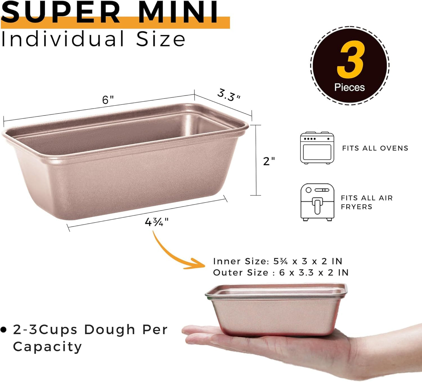 HONGBAKE Mini Loaf Pan for Baking Bread, Nonstick Small Banana Bread Tins Set of 3, 6 x 3.3 x 2 In Tiny Carbon Steel Meatloaf Pan - Rose Gold