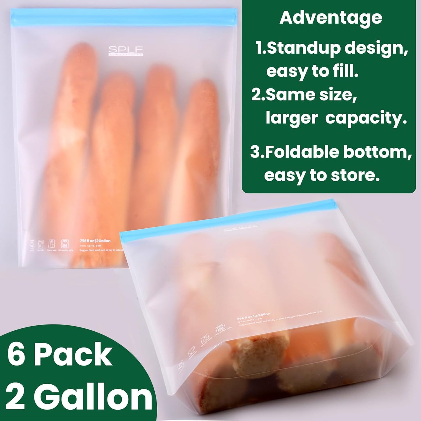 SPLF 6 Pack Stand-Up Reusable 2 Gallon Freezer Bags Dishwasher Safe, Reusable Freezer Bags 2 Gallon, Leakproof BPA Free Food Storage Bags for Marinate Meat, Veggies, Homemade Bread, Snack, Travel Item