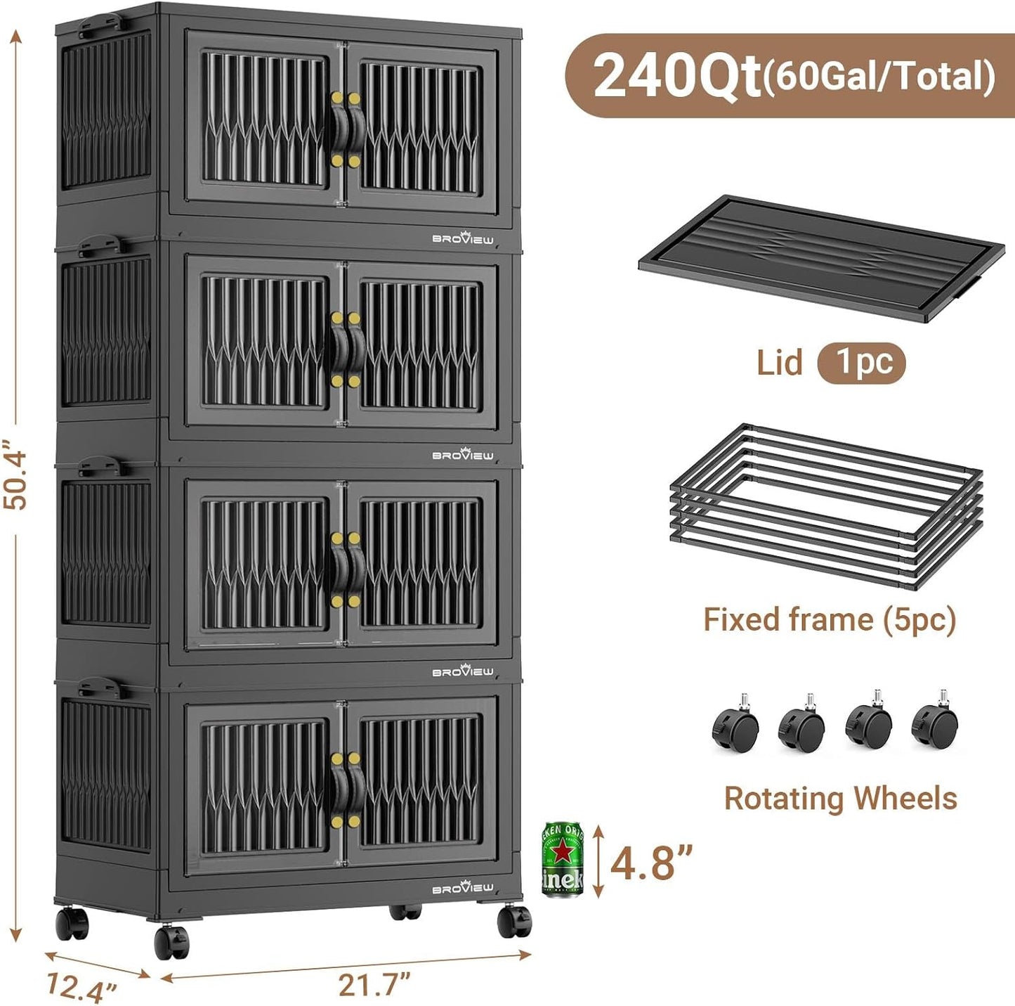 240Qt Stackable Storage Bins with Lid, Extra Large Closet Organizer Collapsible Drawer Boxes with Wheels, Folding Plastic Cabinet Containers for Home Kitchen Room Organization, 4Pack Black