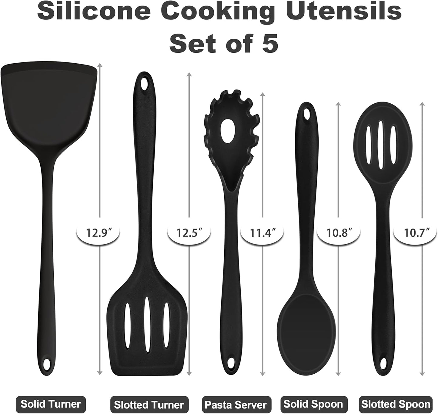 TeamFar Silicone Cooking Utensils Set of 5, Kitchen Utensils Solid & Slotted Spoons Turners Pasta Server for Nonstick Cookware, Healthy & Heat-Resistant, Seamless & Non-Scratch, Dishwasher Safe, Black