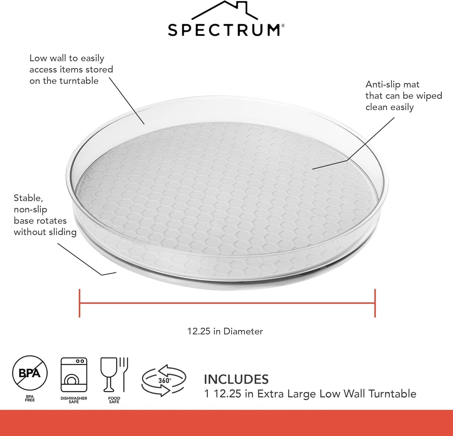 Spectrum XL Lazy Susan Organizer 12.25 in for Large Cabinet Fridge Pantry Table Shelf Bath Kitchen Organization, Oyster Gray Extra Large Rotating Turntable Storage for Condiments Spice Bottles