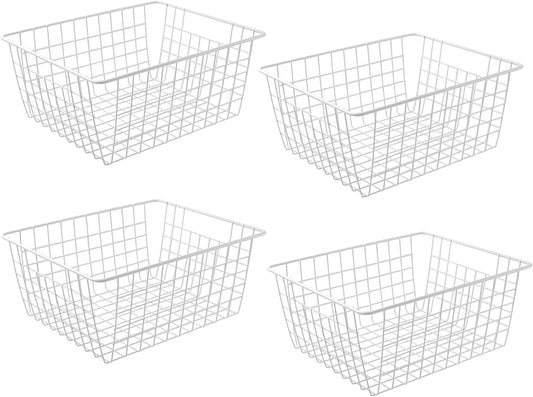 14" Upright Freezer Storage Baskets, White Wire Storage Bins Large Bakset for Freezer, Pantry, Bathroom Organizing, Set of 4