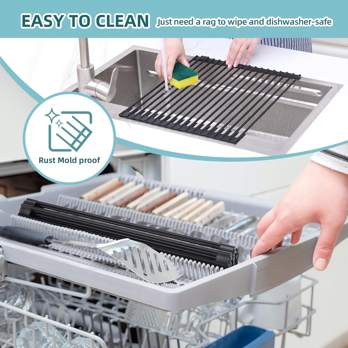Ohuhu Roll Up Dish Racks, 16.5" L x 13" W Over The Sink Dish Drainer Drying Rack Kitchen Sink Organizer Silicone Wrapped Large in Sink Dish Drying Rack Foldable Rolling Drain Mats Anti-Slip
