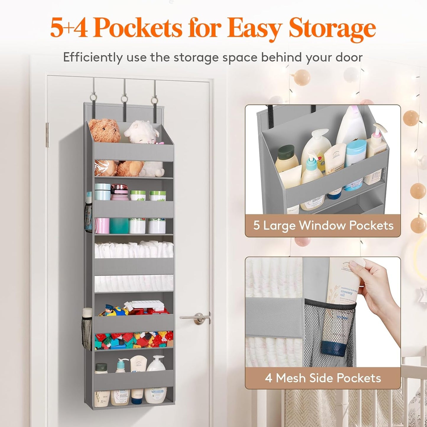 Lifewit 1 Pack Over the Door Organizer, 5 Shelf Clear Window Hanging Storage with 4 Mesh Side Pockets, Anti Tilt 40lbs Load Behind Door for Pantry, Nursery, Bathroom, Bedroom, Kitchen, Dorm,Light Grey