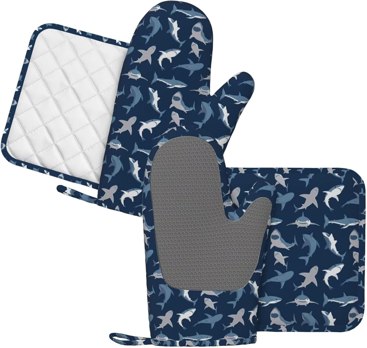 Cool Sharks Oven Mitts and Pot Holders Set of 4 Silicone Blue Grey Sharks Kitchen Mitten Gloves and Non-Slip Potholders Set Heat Resistant Oven Gloves Hot Holders for Kitchen