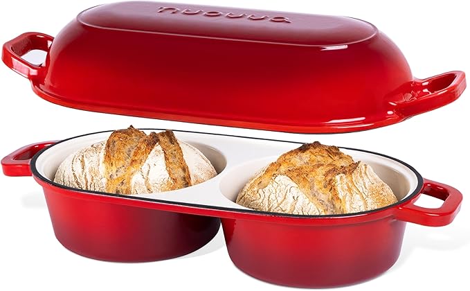 Dutch Oven For Sourdough Bread Baking – Enamelled Cast Iron Bread Loaf Pot – 500°F Oven Safe Non Stick Bread Pot – Double Round Loaf Space, 16.5cm Diameter, Red, – by Nuovva