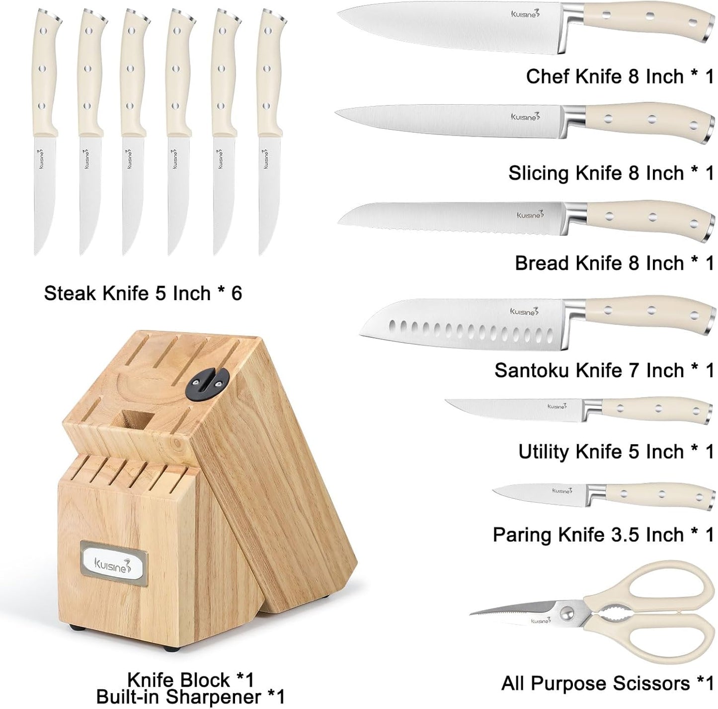 Kuisine Chef Knife Set,High Carbon Stainless Steel Sharp Knife Set Ergonomic Handle,Kitchen Knife Block Set with Built-in Sharpener(Ivory Pro,15PCS)