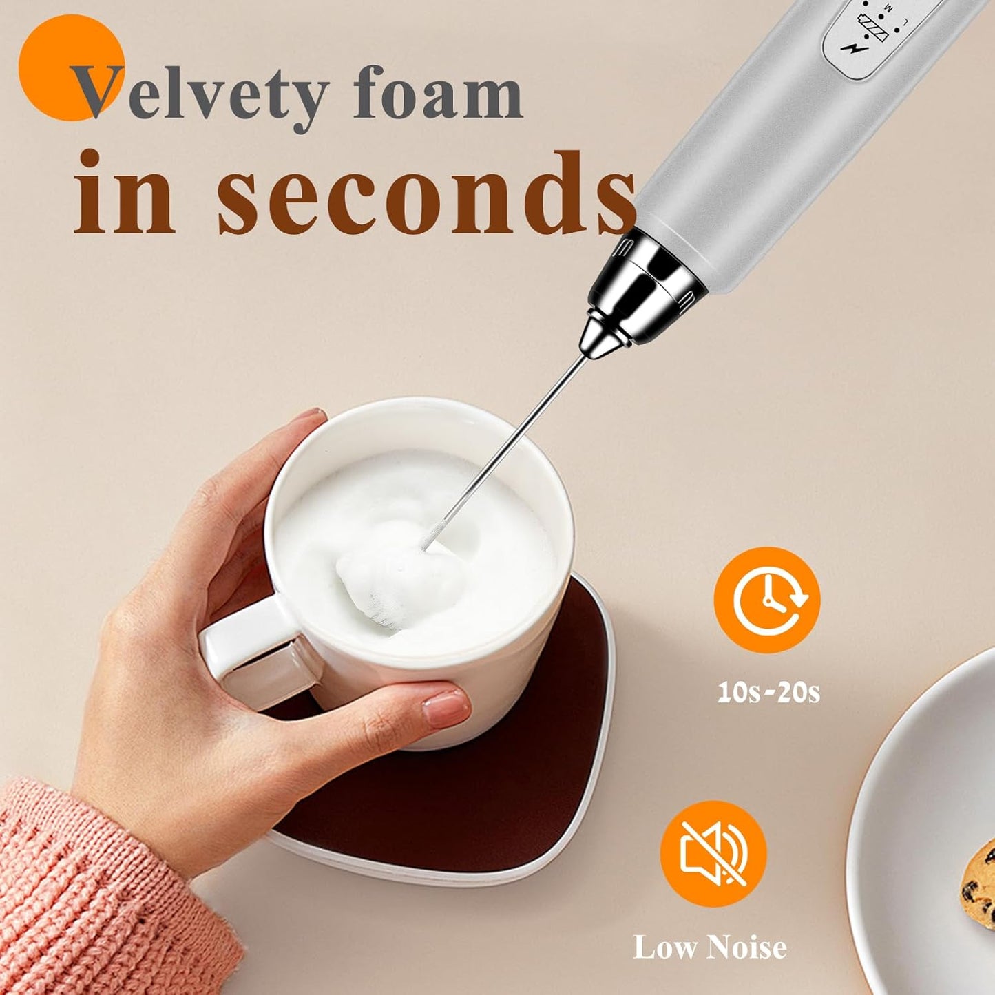 Milk Frother Handheld Rechargeable with Stand, Frother Wand Drink Mixer Electric Whisk for Coffee, Detachable With 3 Stainless Whisks, Hand Mixer for Lattes, Cappuccino, Matcha, Egg, Silver