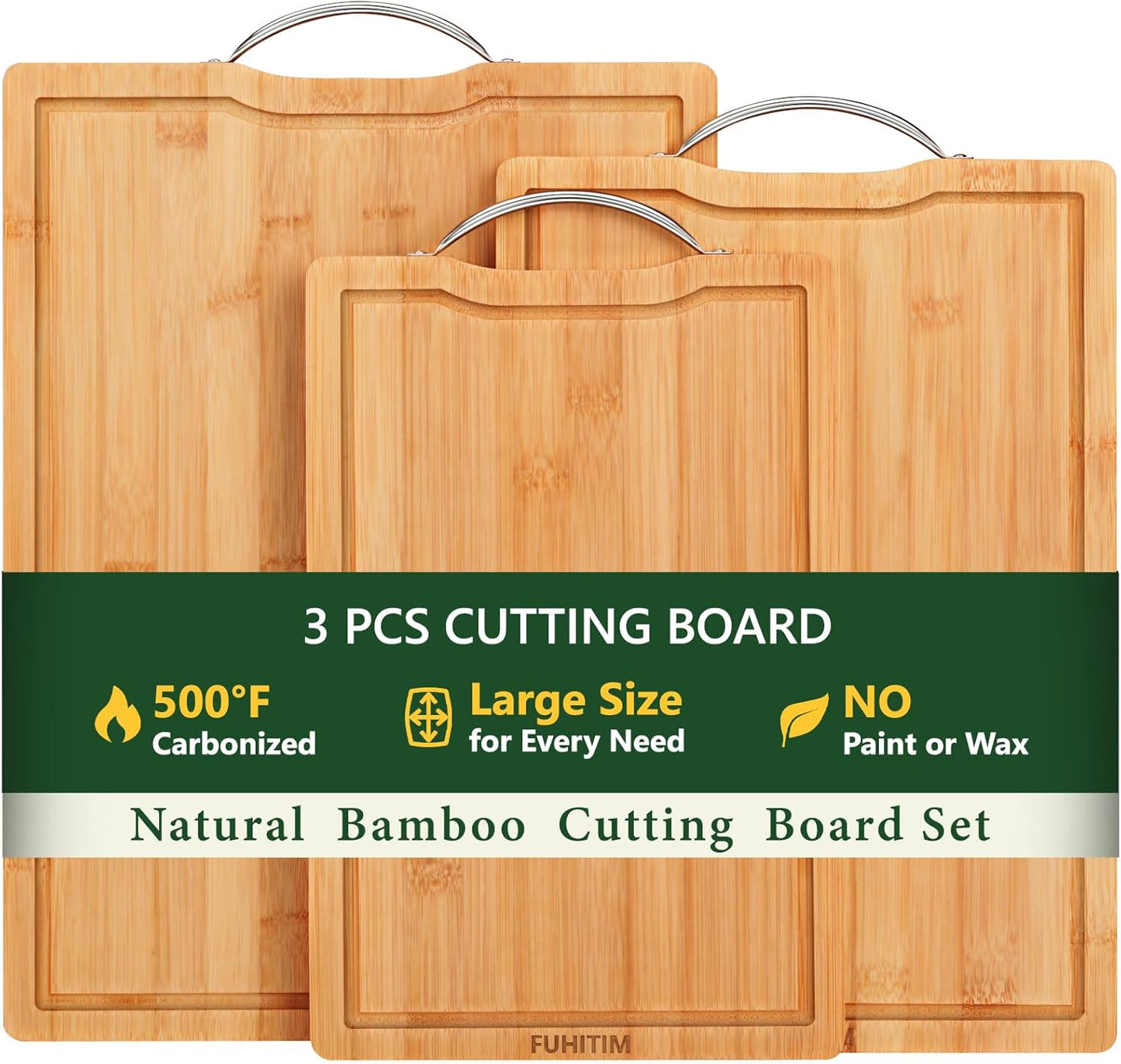 Bamboo Cutting Board, Wooden Cutting Boards for Kitchen with Double Sided Deep Juice Grooves & Wide Handle, Ideal Charcuterie & Chopping Board for Meat, Vegetables and Fruits
