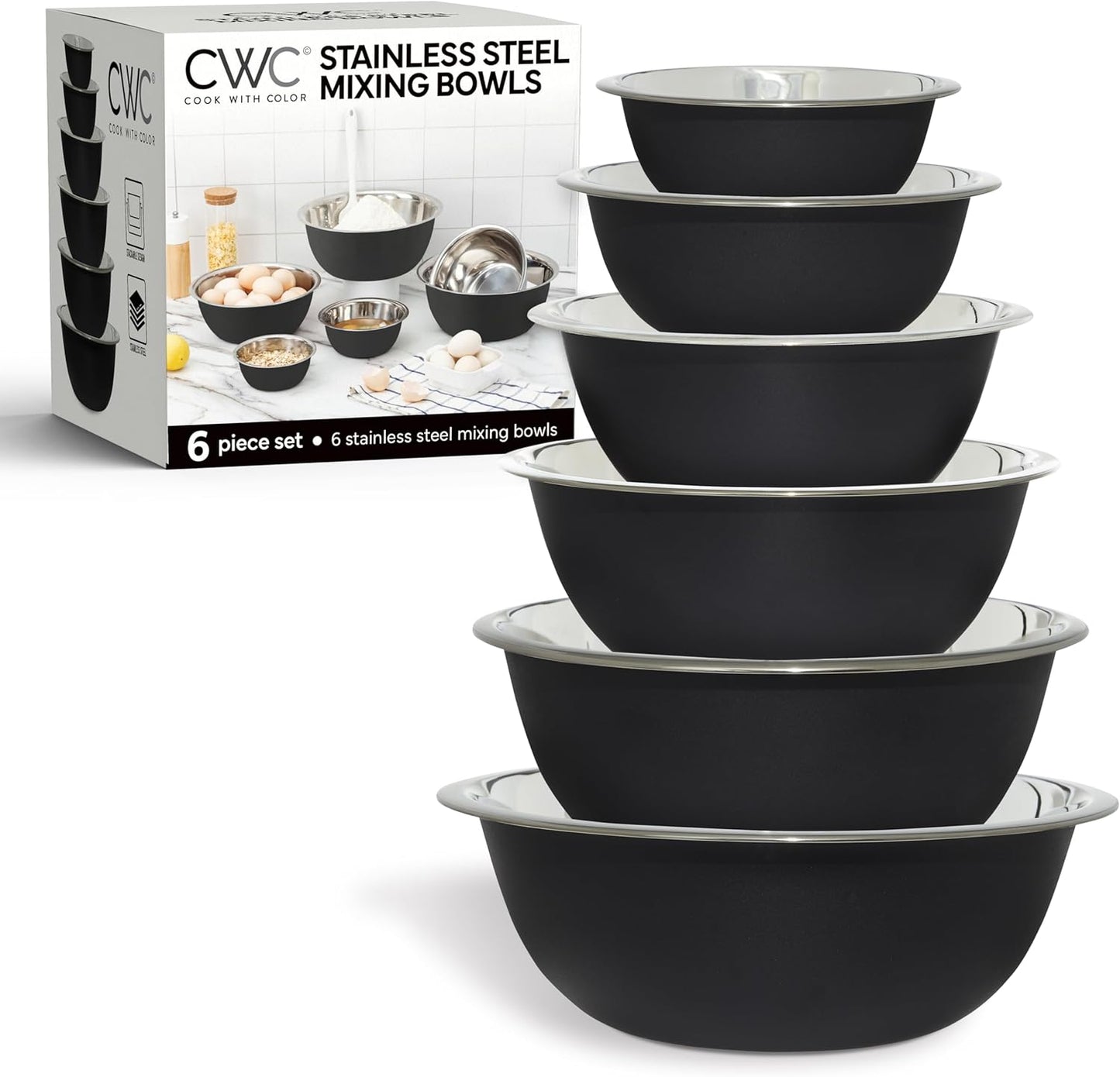 COOK WITH COLOR Stainless Steel Mixing Bowls Set - Nesting Bowls, 6 Pieces, Black