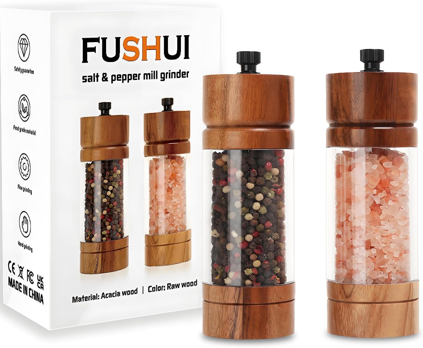 2 Pack 5.5 Inch Wood Salt and Pepper Grinder Set, Premium Acrylic Salt and Pepper Grinder Set with a Adjustable Ceramic Rotor - Made of High-Grade Acacia Wood Material