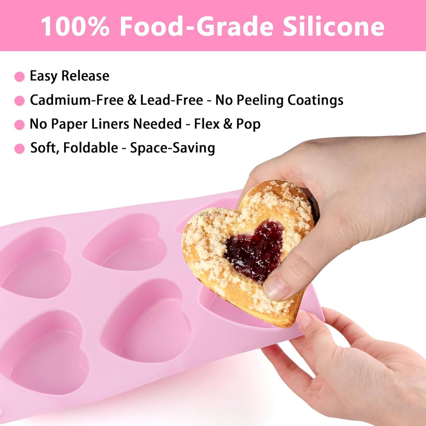 3-Pack 6-Cup Silicone Muffin Pans, Nonstick Cupcake Baking Molds, BPA/PFA-Free, Dishwasher & Oven Safe Heart-shaped Pink