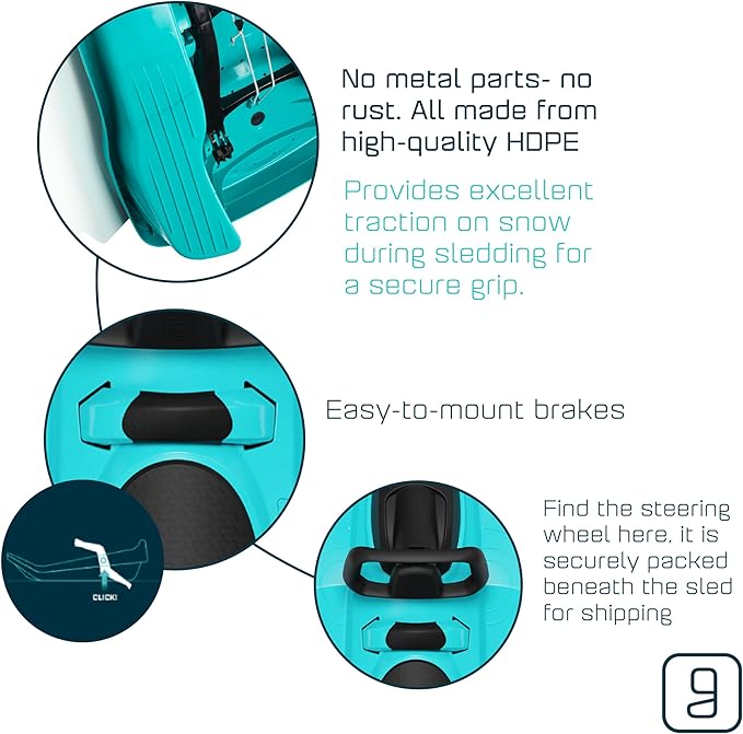 Snow Sled for Kids, Adults - Toboggan Sled, Easy Turning Steering Wheel, Anti-Slip Seat, Pull Up Brake, Durable Plastic Sled, Lightweight, Snow Sleds, Age 3+ 260 lbs