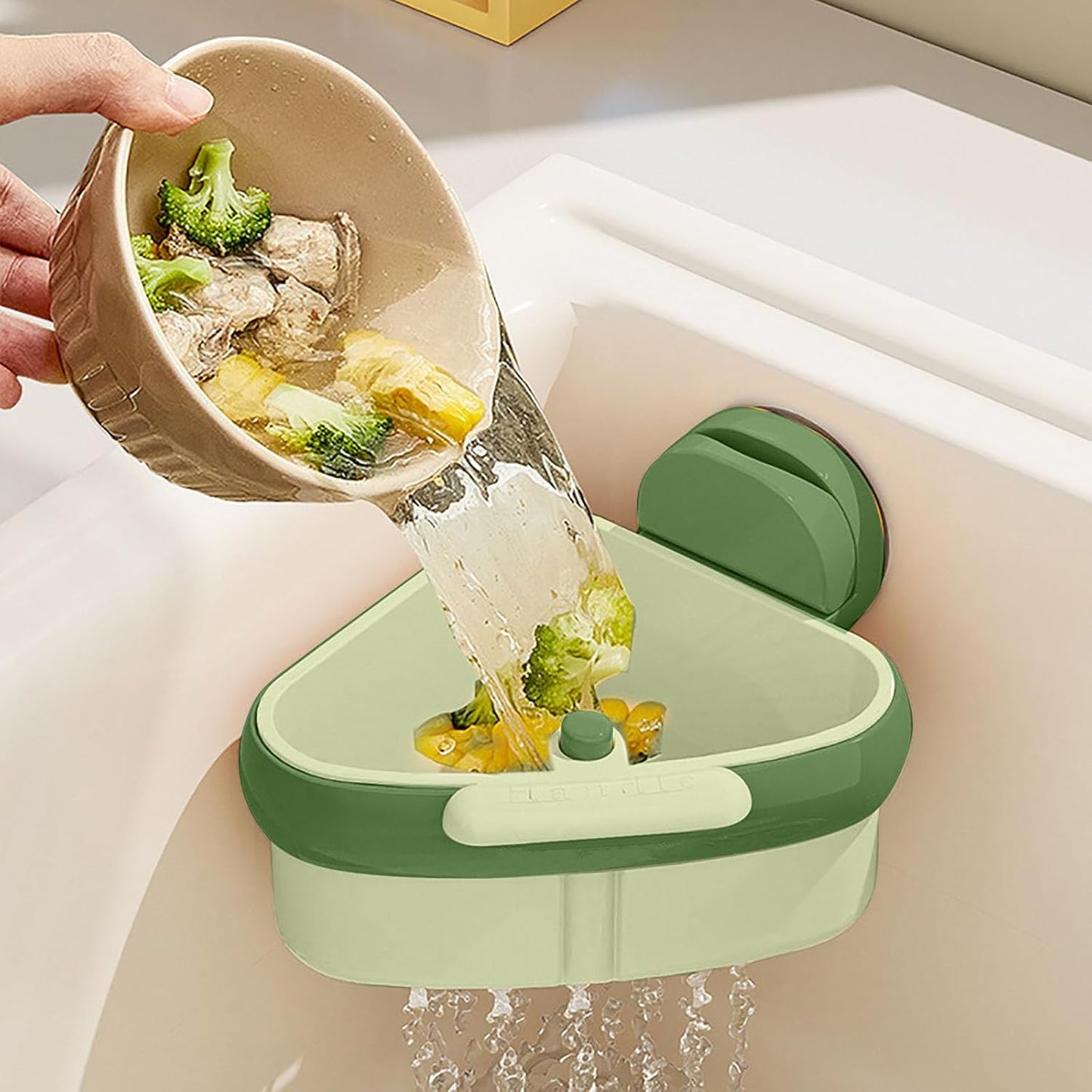 Suction Cup Sink Corner Rack - Triangle Organizer with Drain Hole & Press Automatic Dumping, Food Waste Catcher & Storage Shelf, Rust Resistant No Drilling for Kitchen Bathroom (Green)