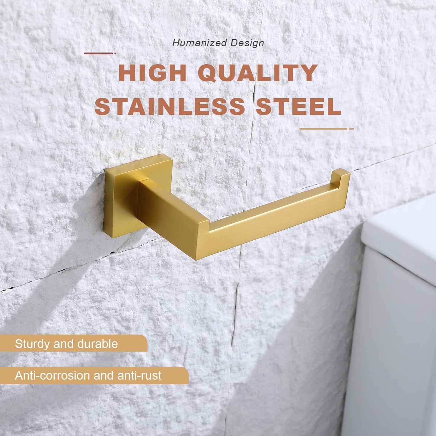 TASTOS Toilet Paper Holder Brushed Gold, Toilet Tissue Roll Holders Dispenser and Hangers Wall Mounted for Bathroom & Kitchen, Stainless Steel Modern Square Style