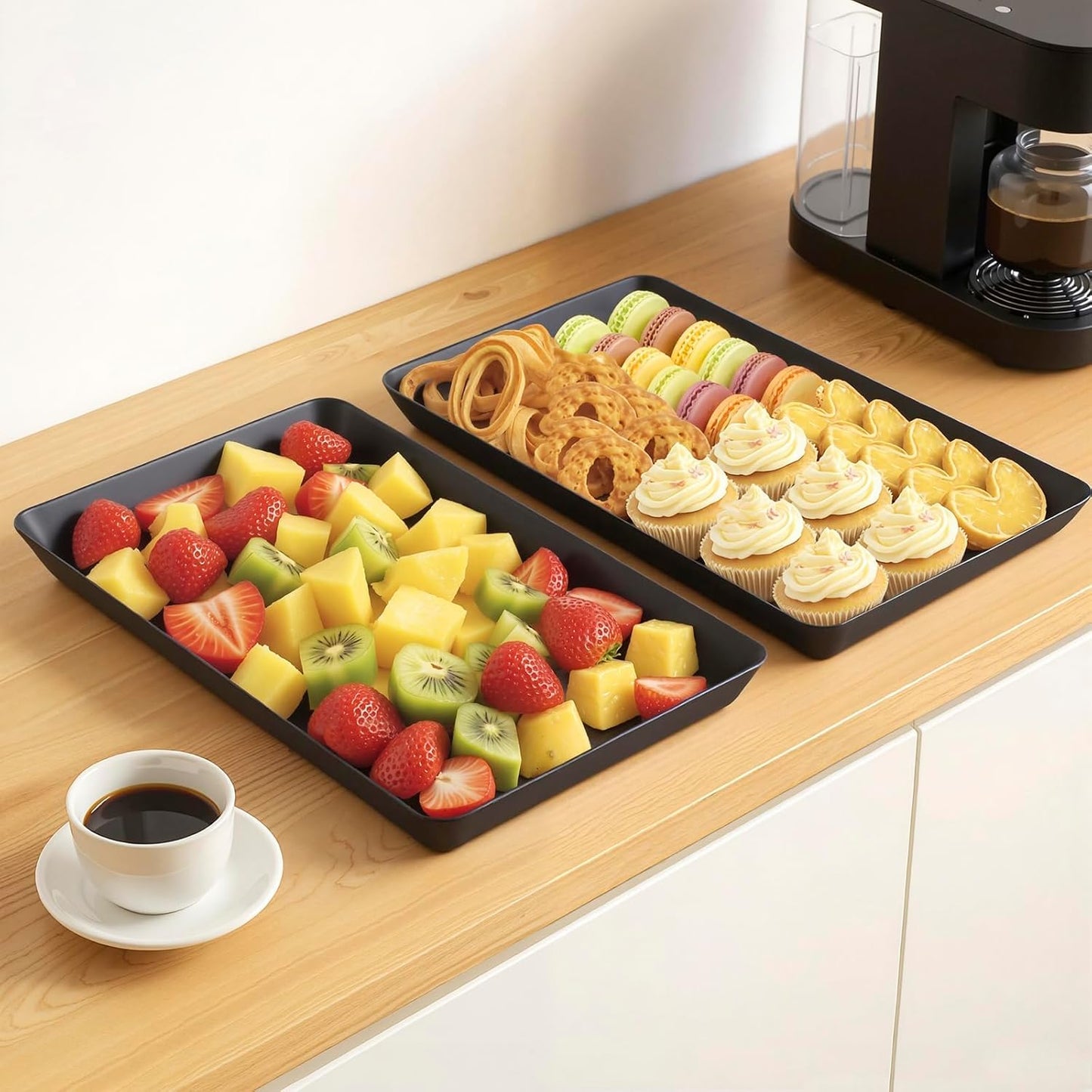 WOWBOX 8 pcs Serving Tray for Entertaining, Serving Platters for Snacks, Fruit, Cookies, Dessert, Reusable Plastic Trays for Serving Food and Pantry Organization in Kitchen & for Parties, (Black)