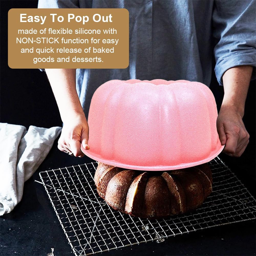 10 inch Silicone Bundt Cake Pan, Non-Stick Silicone Fluted Pans, ome Baking DIY Cake Mold for Cake, Jelly, Bread, Chocolate, Para Gelatinas (Red) (Pink, 1 Pack)