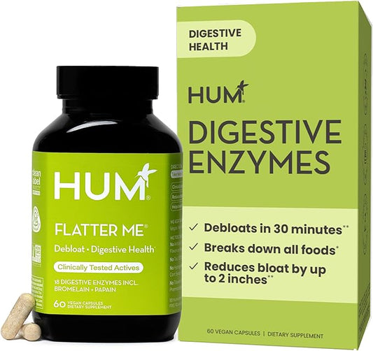HUM Flatter Me Digestive Enzymes Bloating Supplement - Fast-Acting Bloat Relief for Digestive Health & Debloating Multi Enzyme | Bloat Pills, Anti Bloat Pills, Vegan 60 Servings